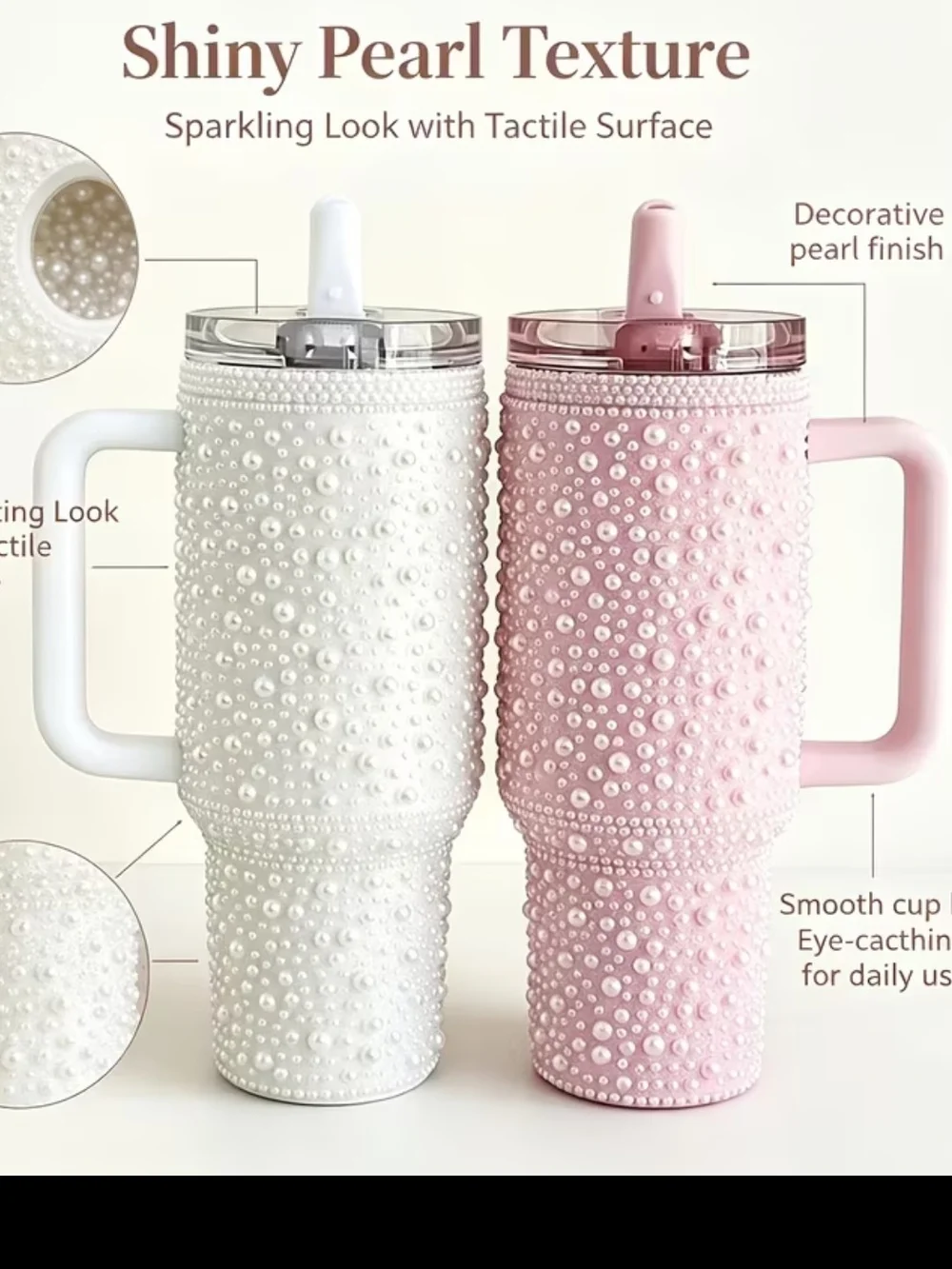 Pearl Rhinestone 40oz Tumbler with Handle - Pink and White